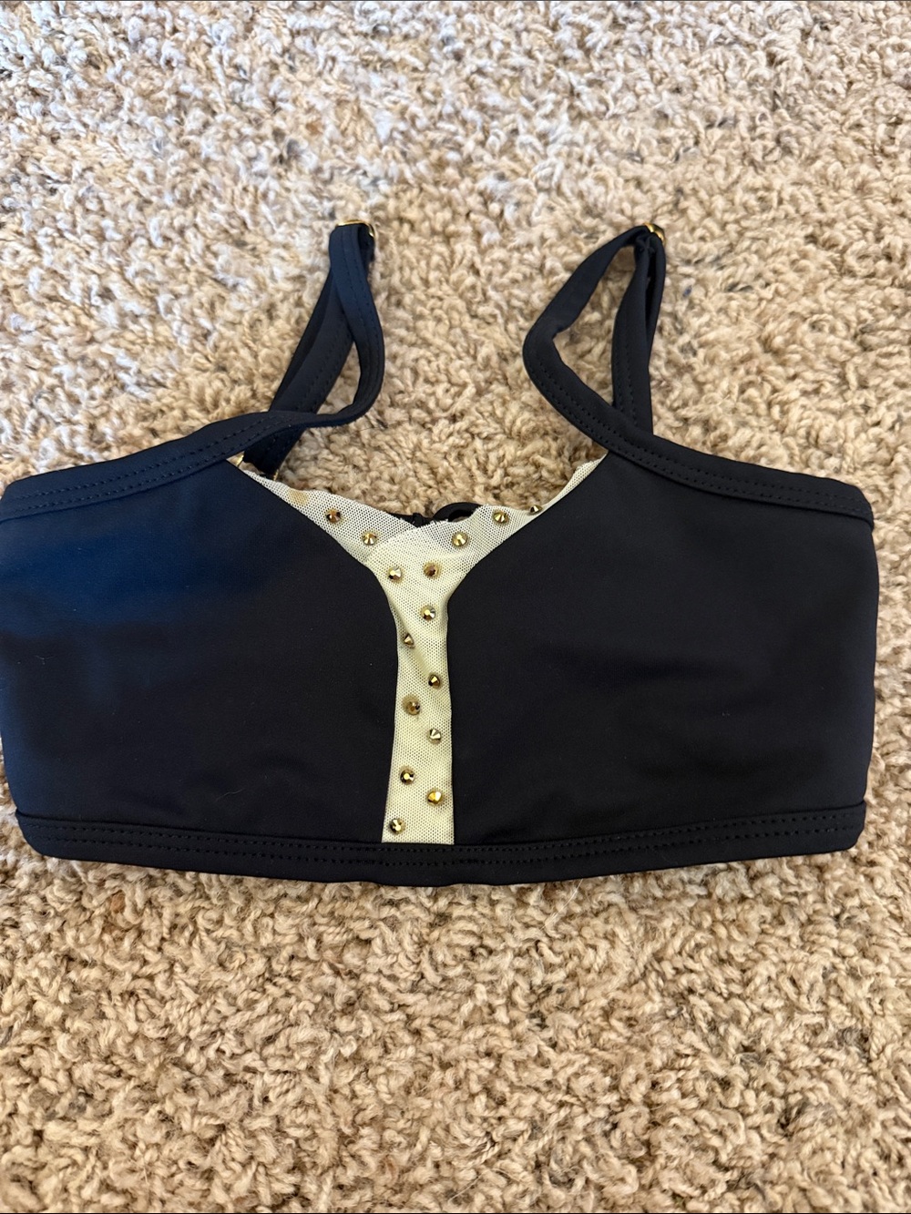 Girls Black Bodysuit Top with Cream Accent and Gold Studs